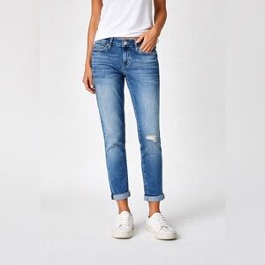Mavi Emma Slim Boyfriend Jeans Stretch Blue Rolled Cuff Distressed 32 Oversized